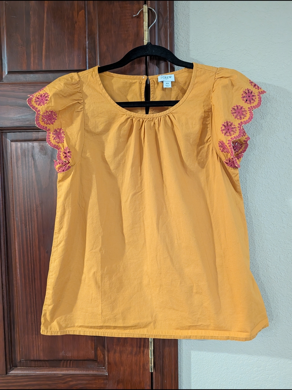 J. Crew Yellow Flutter Sleeve Embroidered Cotton Top